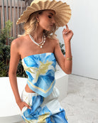 Women's blue floral strapless crop top, the Maleeka Top in Blue Floral by Esther & Co