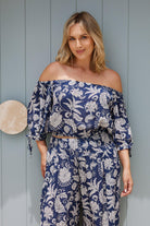 Women's black monochrome print off-shoulder crop top, the Marinda Top in Black Mono Print by Esther & Co