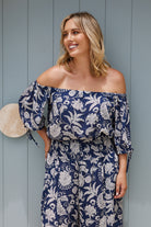 Women's monochrome print off-shoulder top styled for holiday by Esther & Co