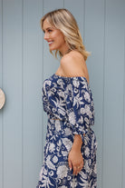 Women's black mono print off-shoulder crop top rear view by Esther & Co