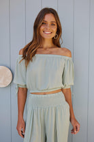 Women's sage green off-shoulder crop top, the Marinda Top in Sage by Esther & Co