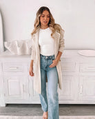 Women's natural oatmeal open front knit coatigan with blanket stitch detailing, the Marisole Coatigan in Natural by Esther & Co