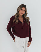 Merete Knit in Bordeaux womens wine toned knit jumper close up zip detail