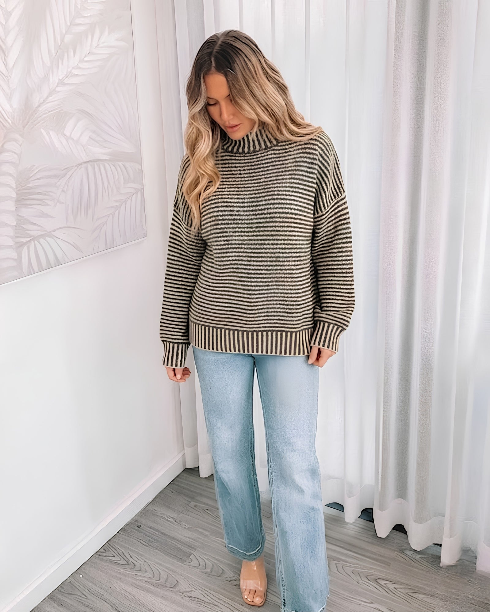 Women's latte and cream stripe high neck knit jumper with mock neck, the Naizelle Knit in Latte Stripe by Esther & Co