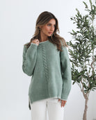 Nasheia Knit in Sage sage acrylic wool blend knit full length view