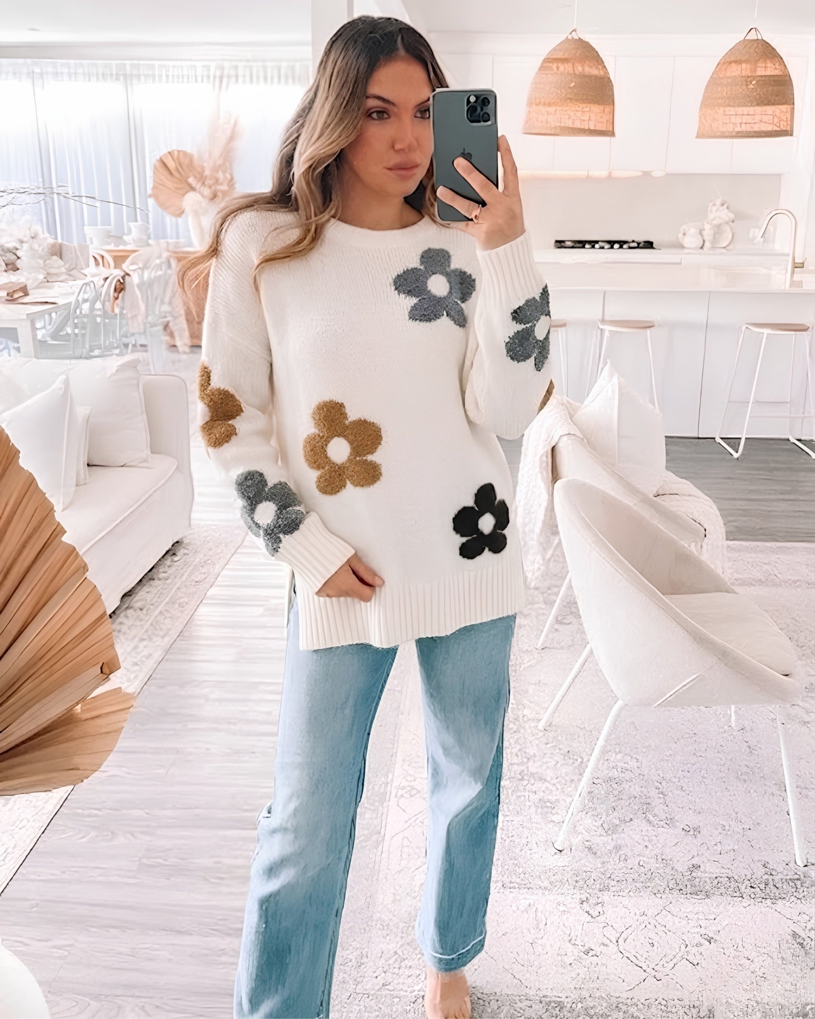 Women's soft cream knit jumper with all over floral design by Esther & Co