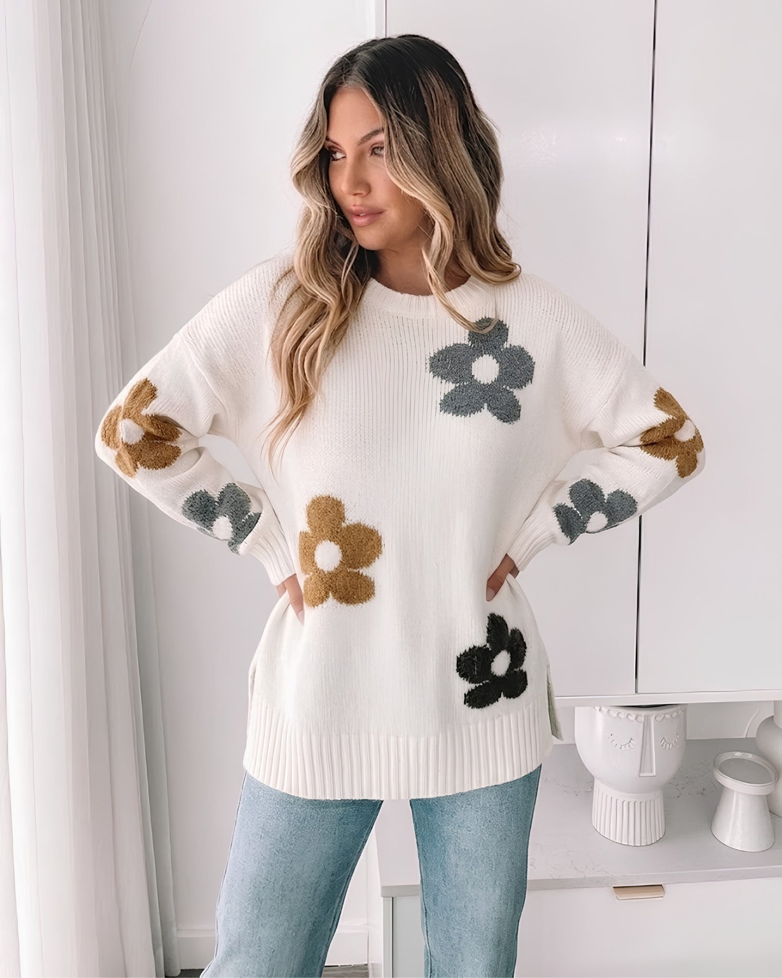 Women's feminine cream floral winter knit jumper by Esther & Co