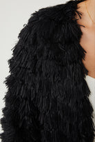 Ophelle Jacket in Black womens black fringe textured coat styled outfit