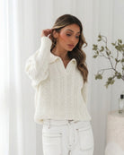 Oriah cream cable knit jumper with open collar, front view