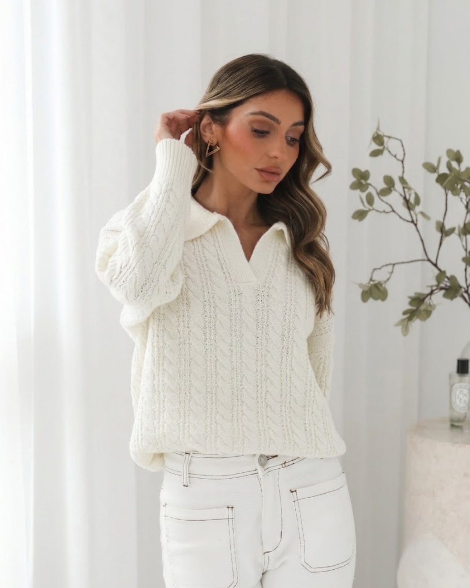 Oriah cream collared knit jumper, V-neckline detail