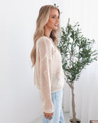 Pacino Knit Top in Oat oat crochet knit top with round neckline side view