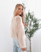 Pacino Knit Top in Oat oat bohemian crochet knit top full length view