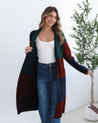 Perrine Coatigan in Wine Check womens wine and black checked longline coat front view