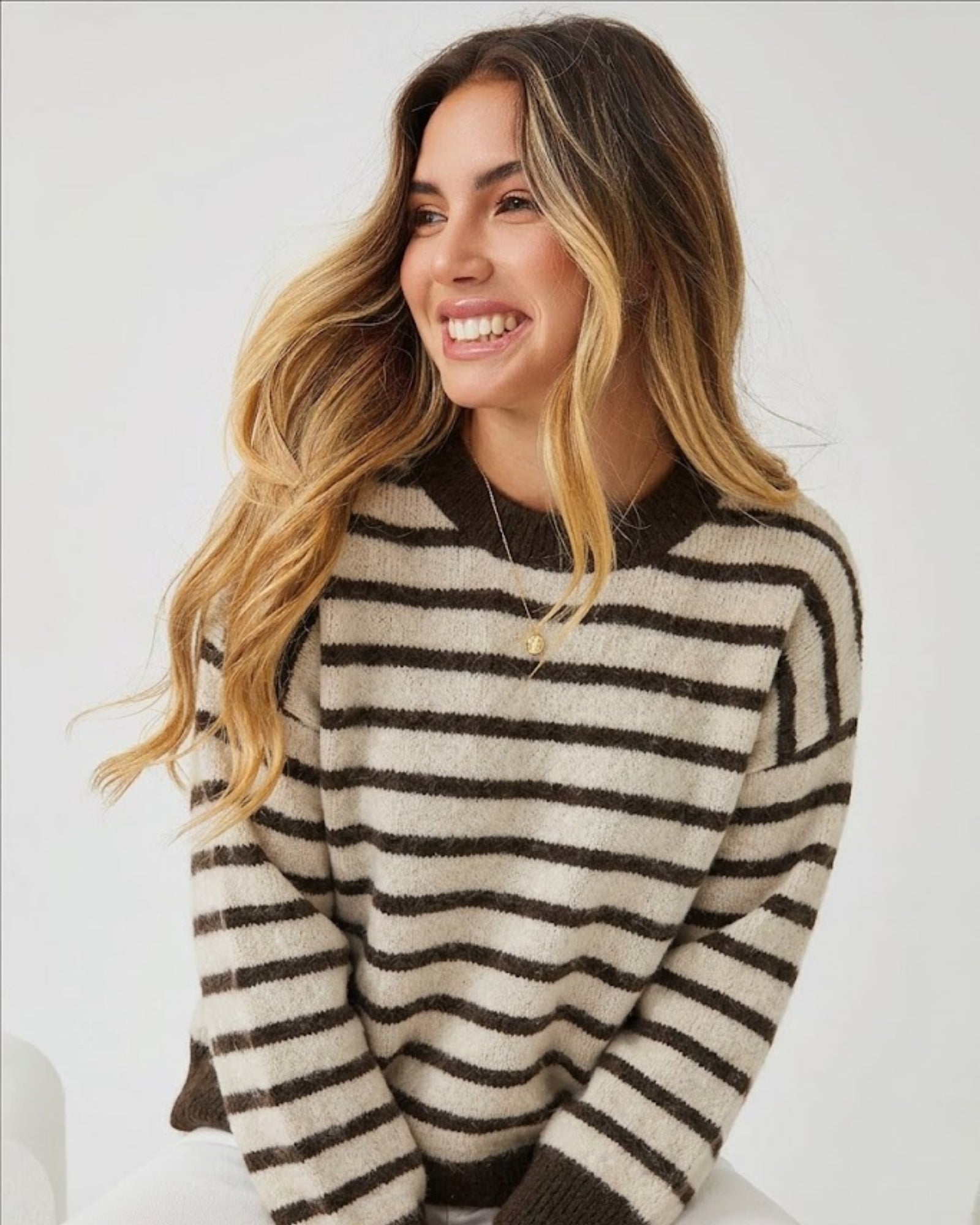 Women's chocolate stripe knit jumper with dropped shoulders and slouchy fit by Esther & Co