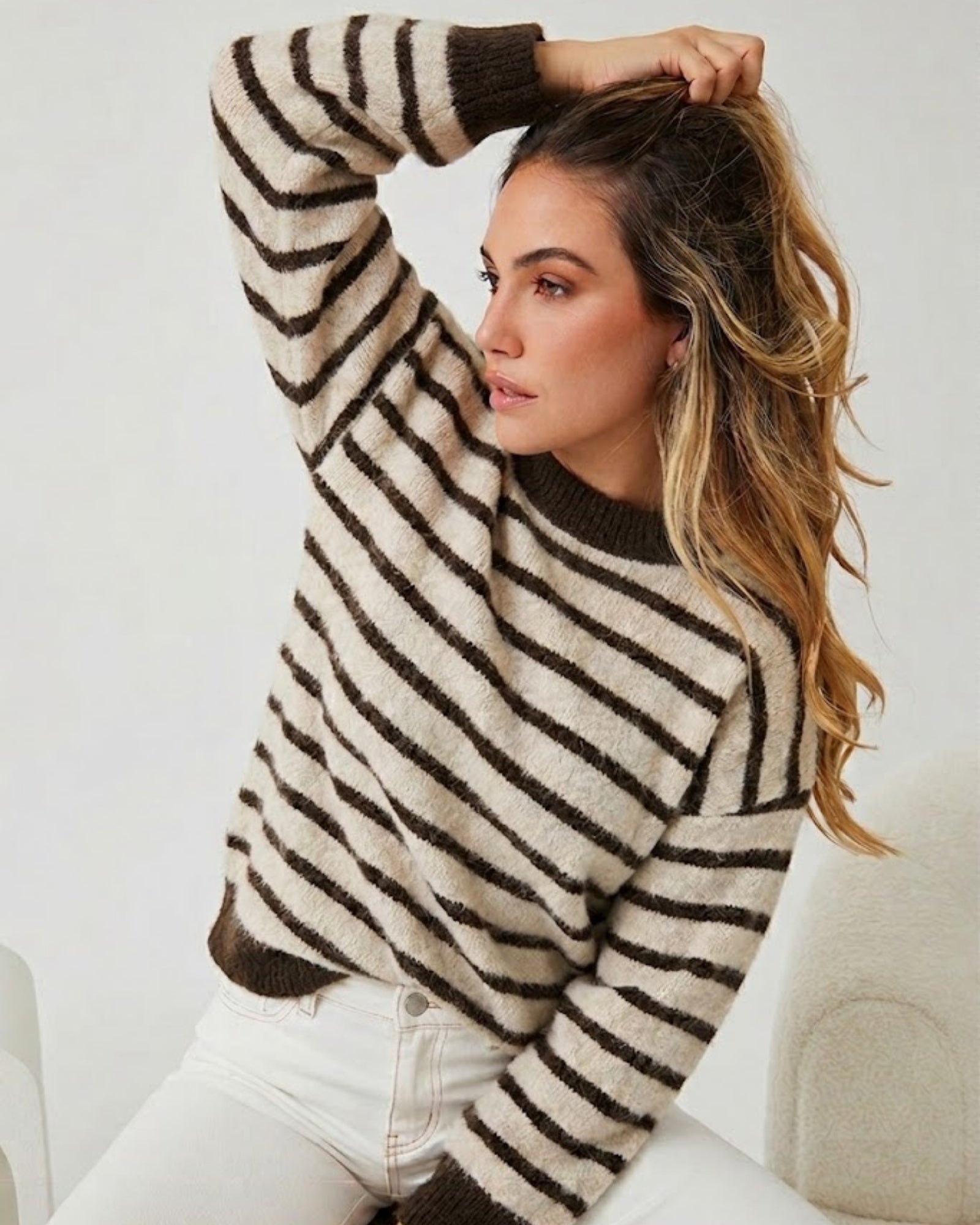Women's chocolate and cream stripe knit jumper with crew neckline, the Pollock Knit in Choc Stripe by Esther & Co