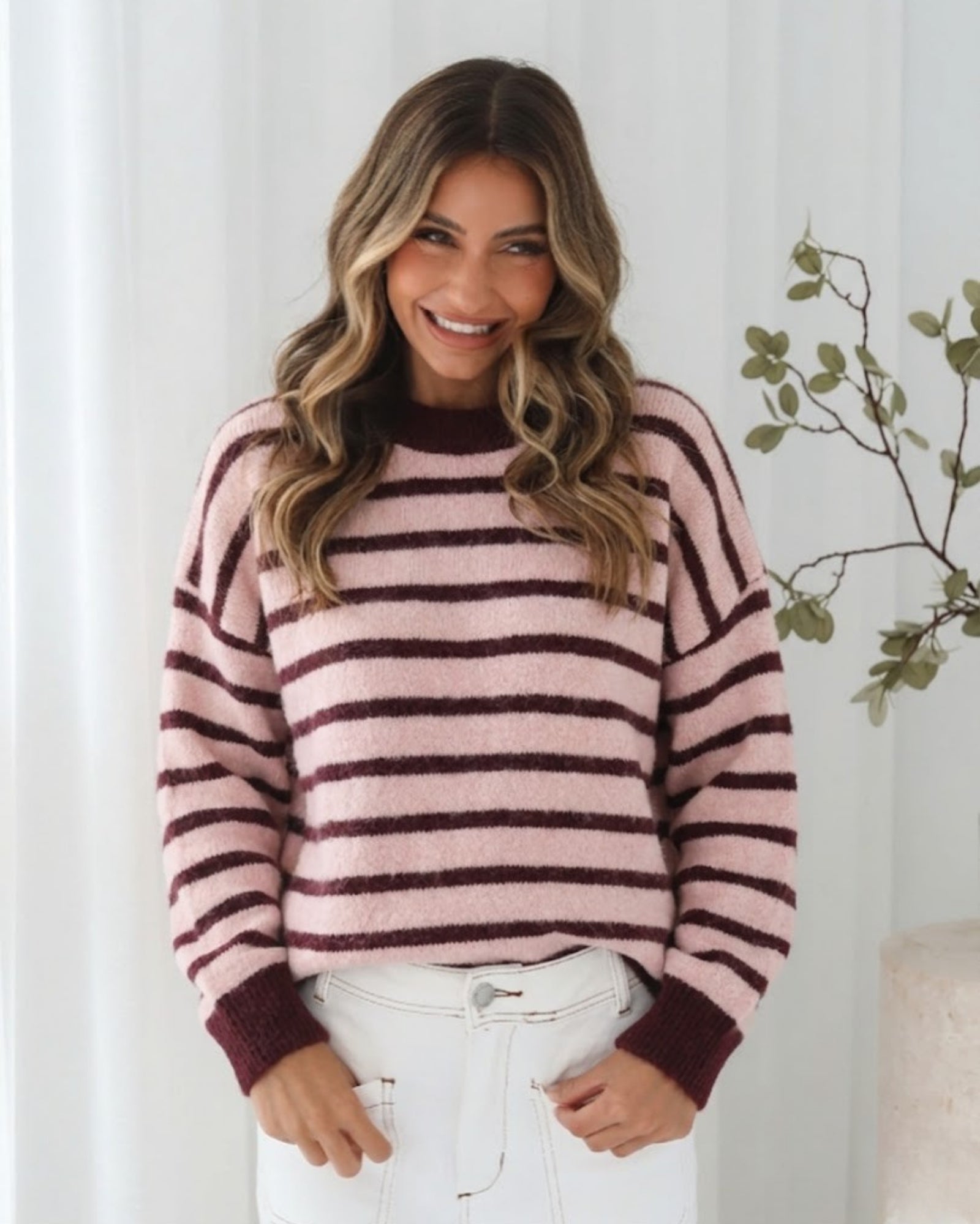 Women's wine and cream stripe knit jumper with crew neckline, the Pollock Knit in Wine Stripe by Esther & Co