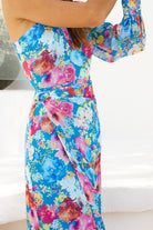 Women's floral print one shoulder midaxi dress back view by Esther & Co