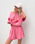 Women's pink and red stripe high waisted shorts, the Roswell Shorts in Pink Stripe by Esther & Co