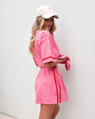 Women's pink stripe high waisted shorts back view by Esther & Co
