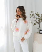 Ryland Knit in White Floral womens floral applique knit jumper in white front view