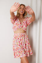 Women's multicoloured print crop top with short puff sleeves by Esther & Co