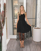 Sheneka Dress in Black Lace womens lace midi dress with scoop neckline front view