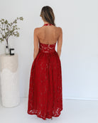 Women's red halter neck maxi dress side view by Esther & Co