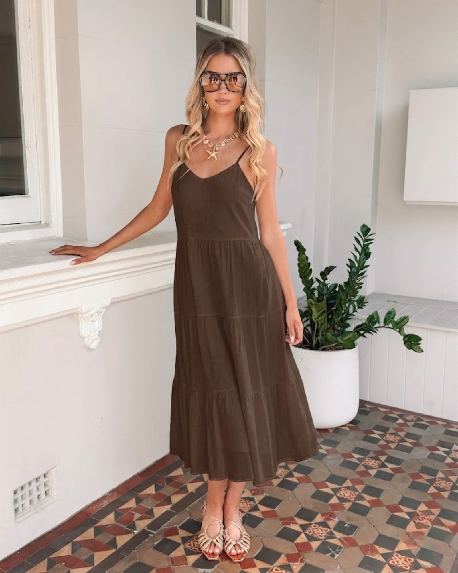 Sonya Dress in Chocolate womens tiered linen midi dress in chocolate brown front view