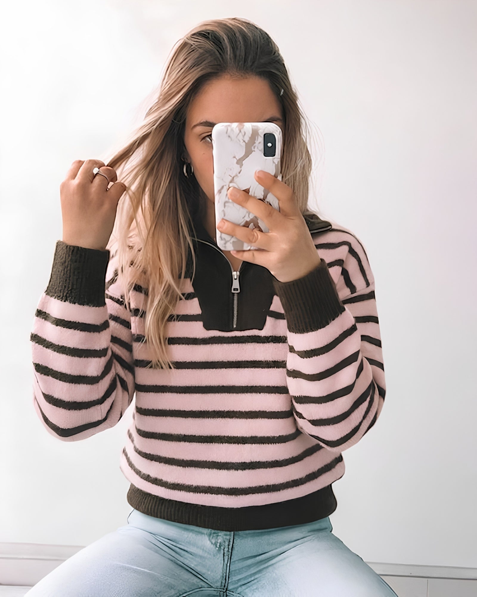 Women's blush pink and chocolate stripe half zip knit jumper with funnel collar, the Tanner Knit in Pink Stripe by Esther & Co