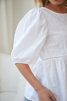 Tonya Top in White womens white crochet detail linen blouse close up
