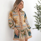 Women's vintage scarf print mini dress with drawstring waist by Esther & Co