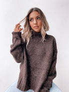 Chesterfield Jumper in Chocolate womens heavyweight turtleneck jumper in chocolate front view
