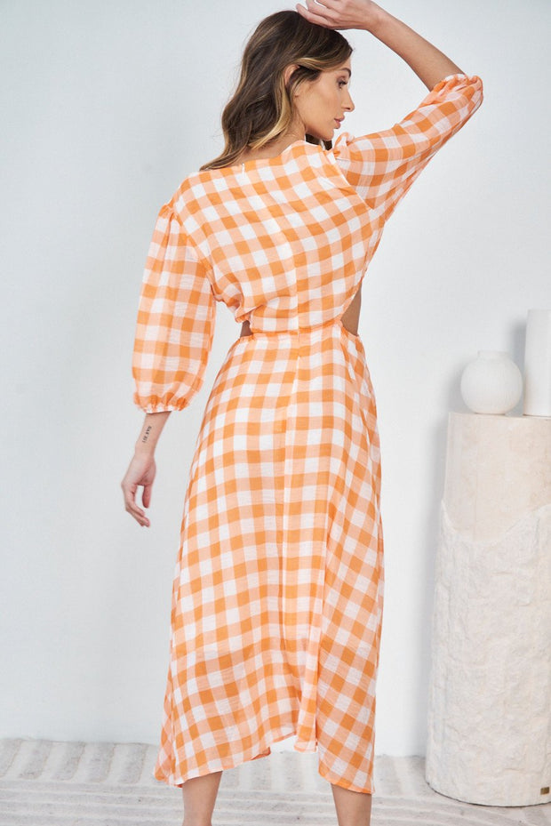 Kaylin Dress - Orange Check-Dresses-Womens Clothing-ESTHER & CO.