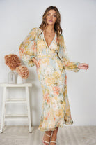 Women's mint green floral print midi dress with v neckline and bishop sleeves, the Pamelia Dress in Floral Print by Esther & Co
