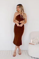 Women's chocolate sleeveless midi dress with side cutouts, the Sabia Dress in Chocolate by Esther & Co